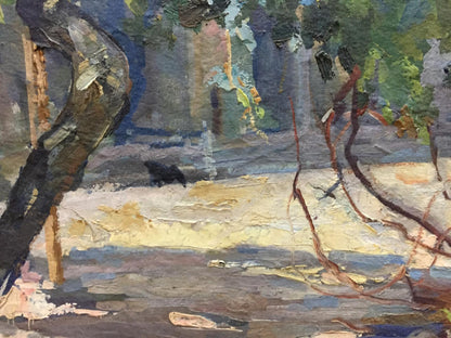 Oil painting Dreamer’s Yard by Puzyrevich Alexander Adamovich: textured tree trunk in forest