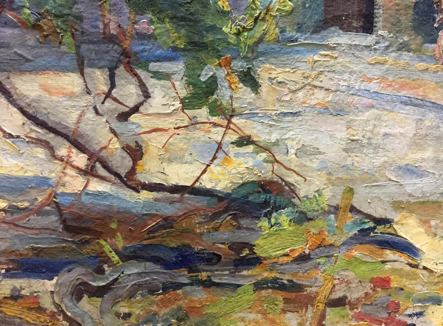 Oil painting Dreamer’s Yard by Puzyrevich Alexander Adamovich, textured roots and foliage
