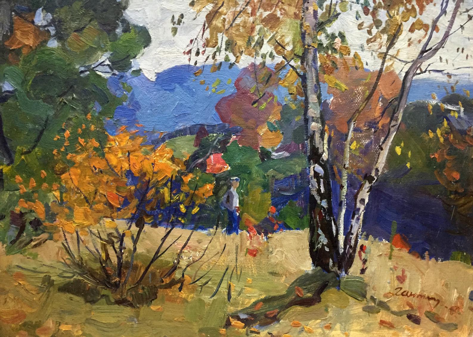 Oil painting Autumn Moses Gantman: vibrant orange foliage, blue hills, birch trunks