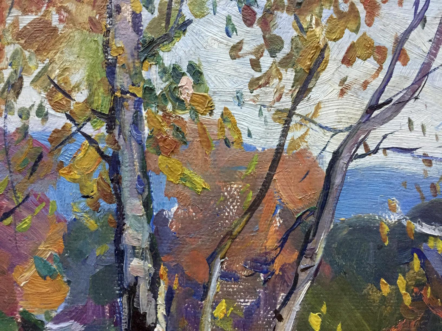 Oil painting Autumn by Moses Gantman: autumn branches in yellows, oranges on blue sky