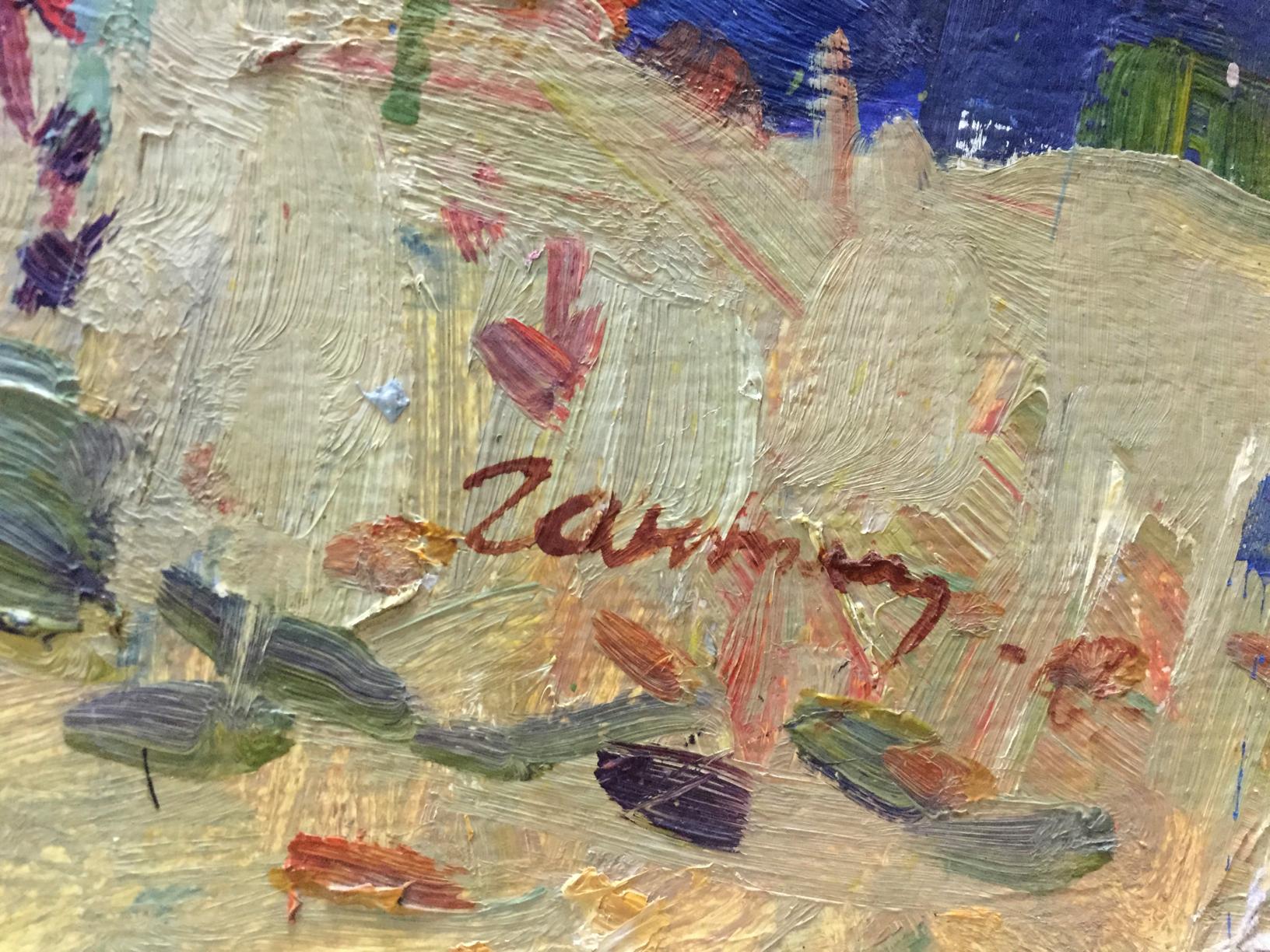 Oil painting Autumn Moses Gantman with textured beige green red blue brushstrokes