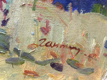 Oil painting Autumn Moses Gantman with textured beige green red blue brushstrokes