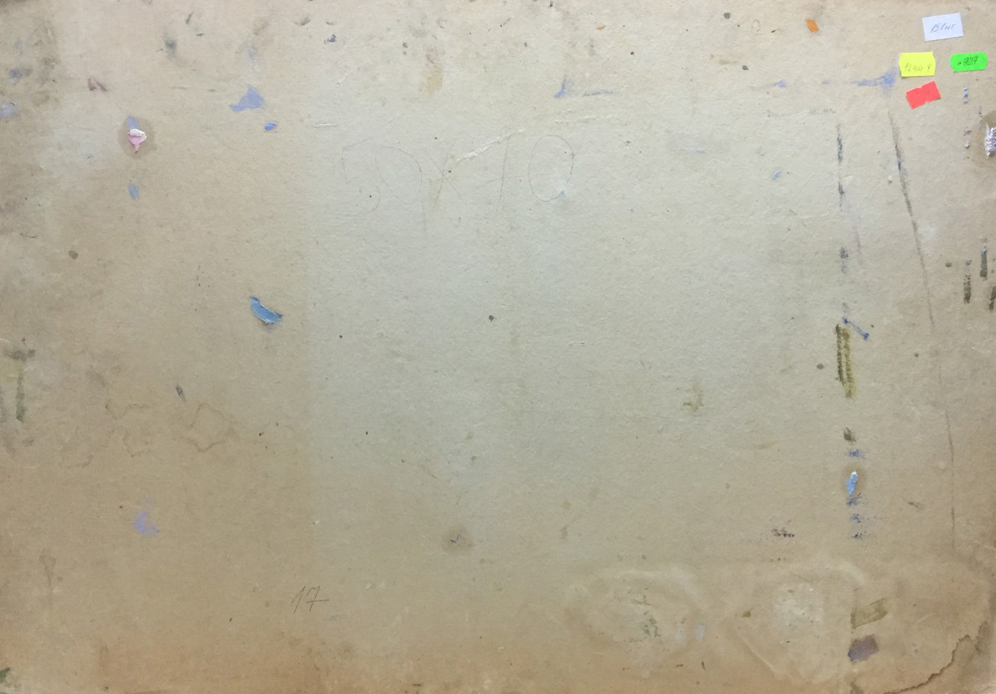 Back of Autumn Moses Gantman oil painting with worn beige surface, peeling paint, faded stickers