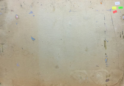Back of Autumn Moses Gantman oil painting with worn beige surface, peeling paint, faded stickers