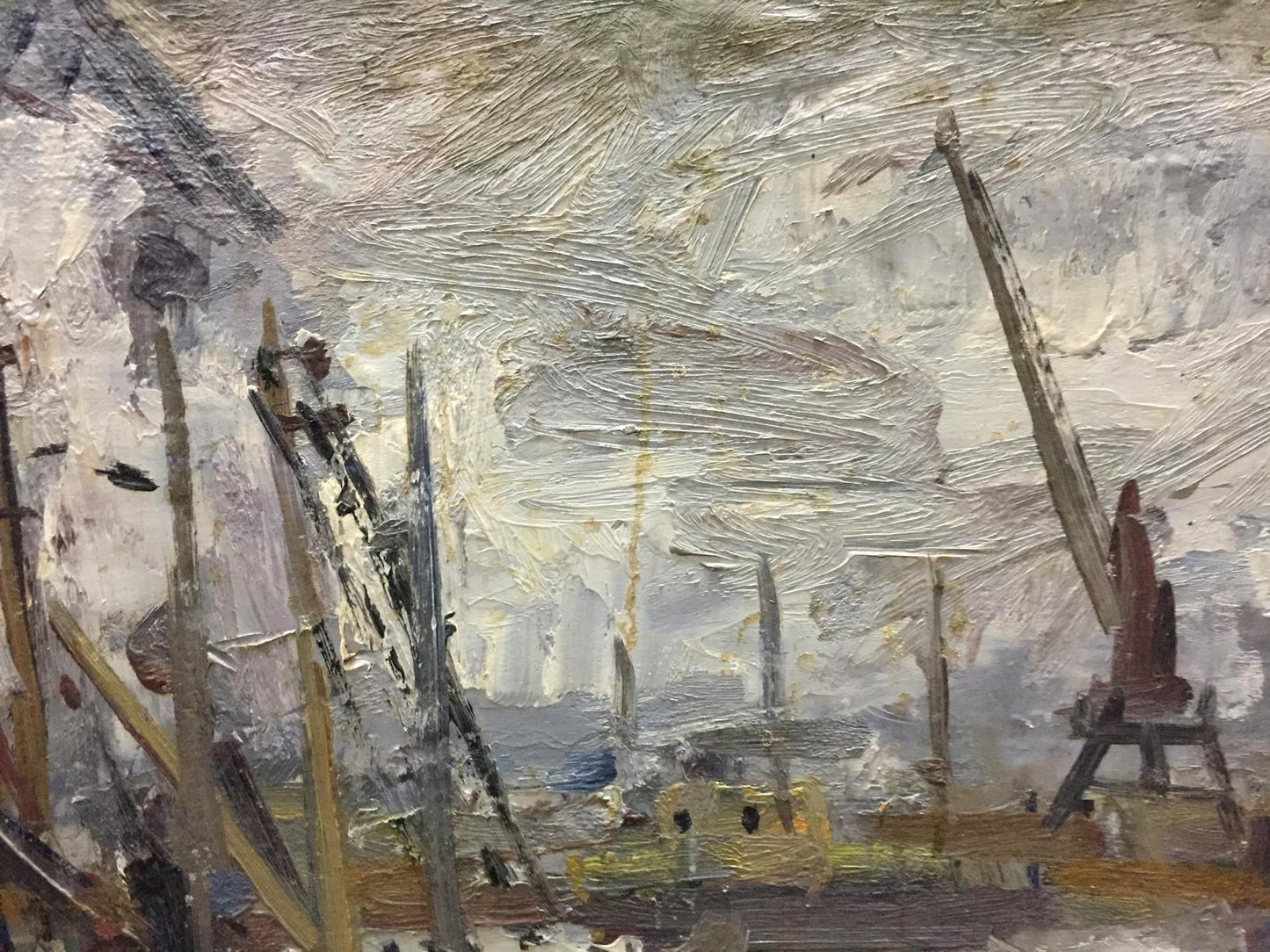 Oil painting of ship pier by Karelin Vyacheslav, textured harbor scene