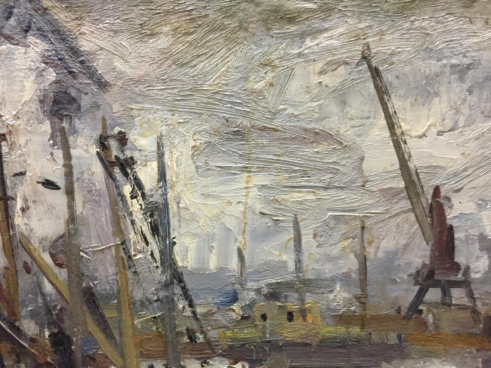 Oil painting of ship pier by Karelin Vyacheslav, textured harbor scene