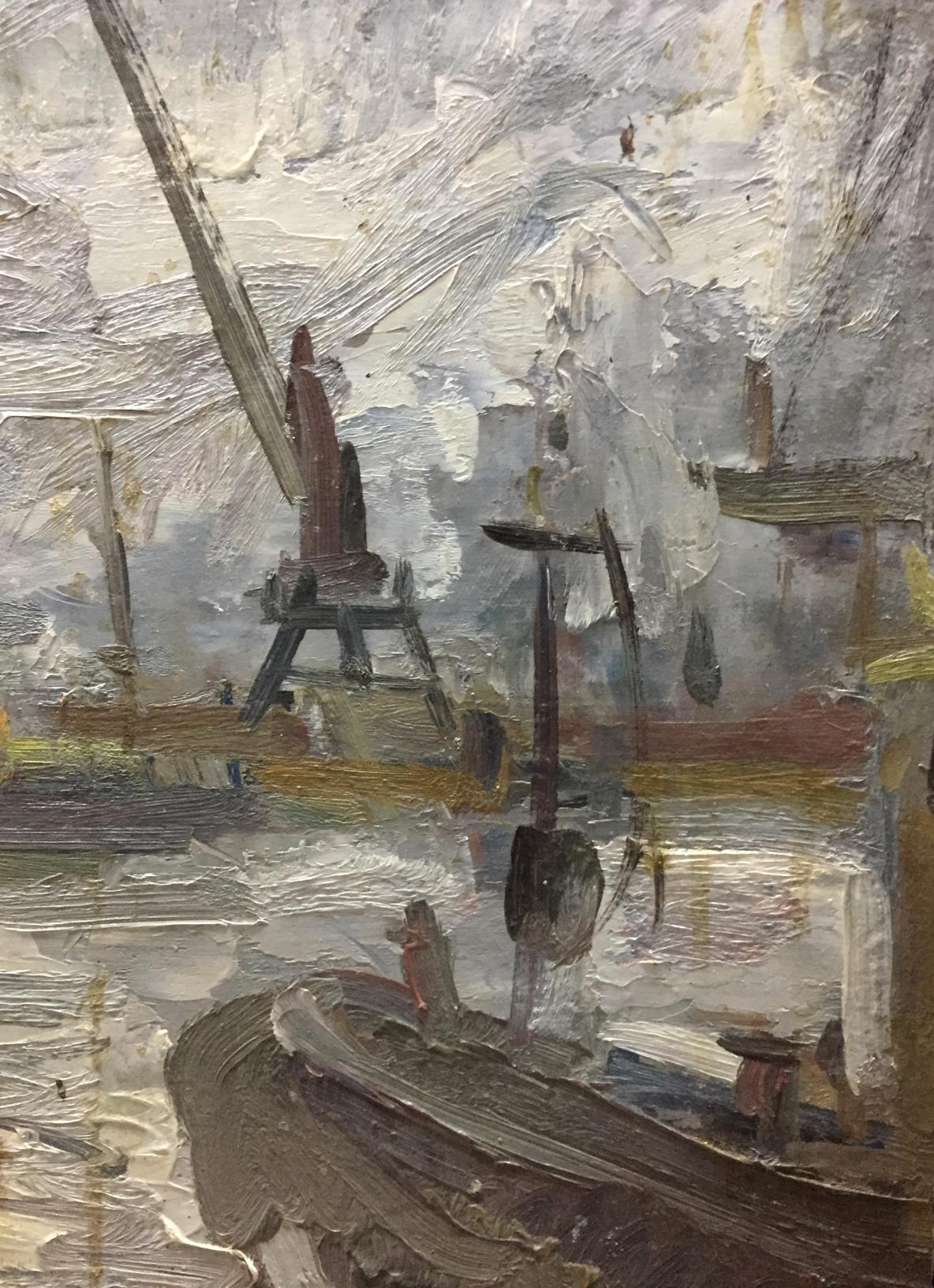 Oil painting of ship pier by Karelin Vyacheslav, textured harbor scene