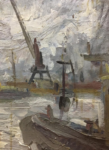 Oil painting of ship pier by Karelin Vyacheslav, textured harbor scene