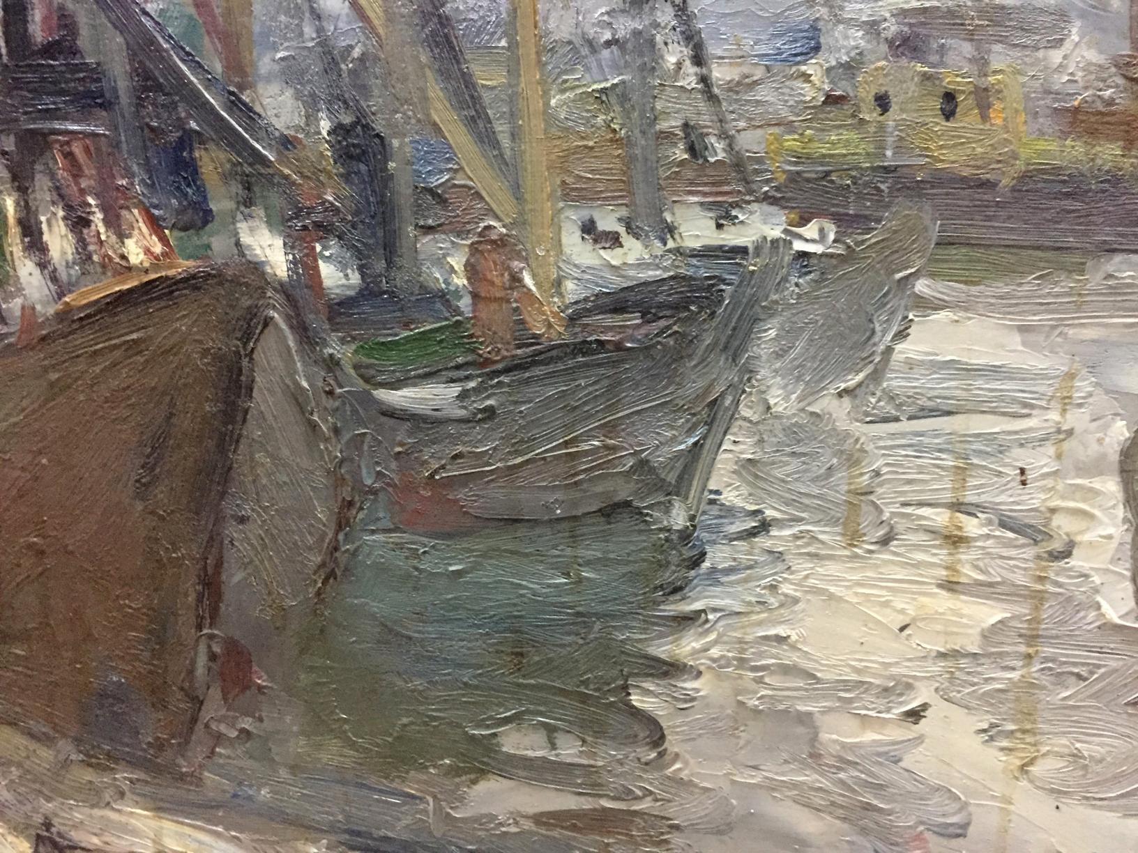 Oil painting of weathered wooden ship at pier by Karelin Vyacheslav