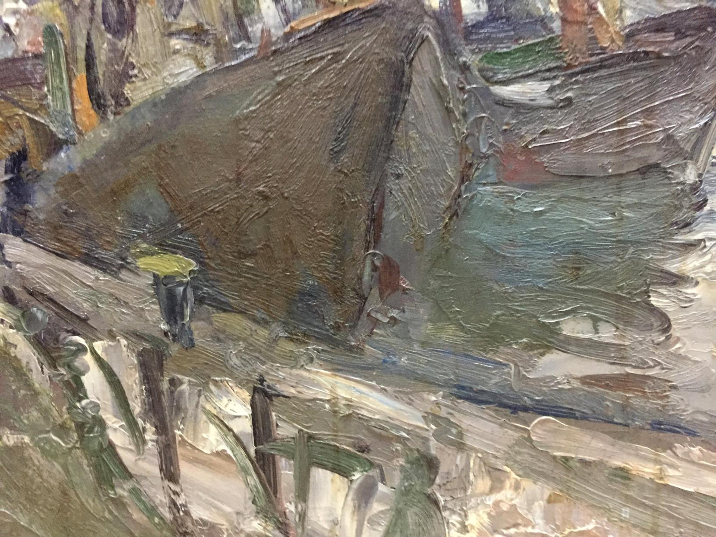 Oil painting of Karelin Vyacheslav ship pier, textured rustic wooden structure