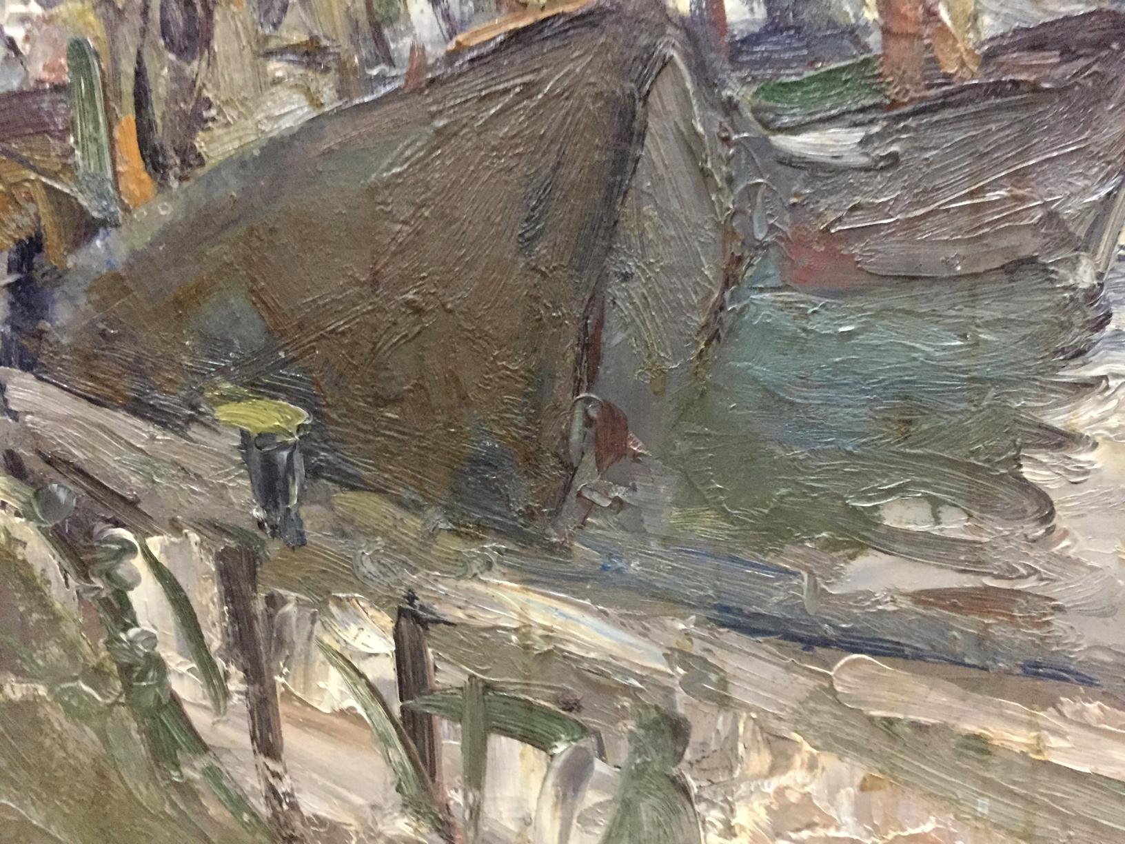Oil painting of Karelin Vyacheslav ship pier, textured rustic wooden structure
