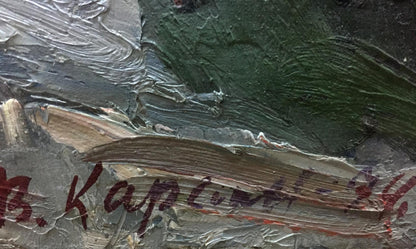 Textured oil painting of ship pier by Karelin Vyacheslav in green and gray