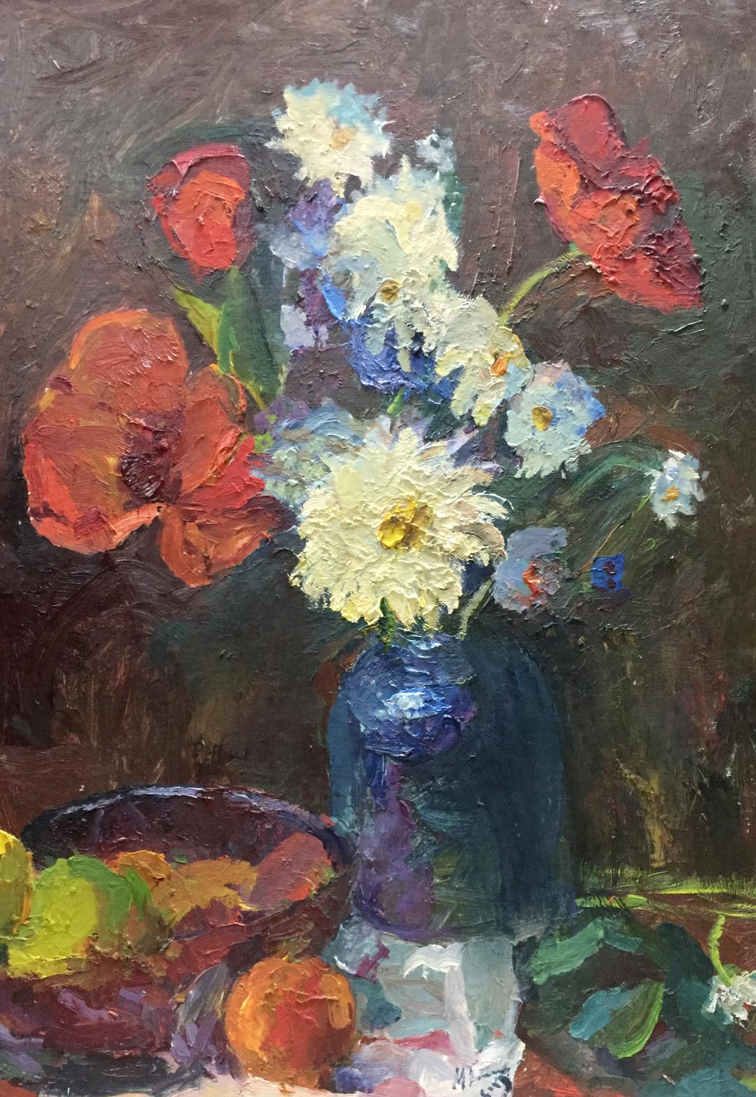 Oil painting of vibrant red white blue flowers in blue vase by Gantman Moses Faybovich