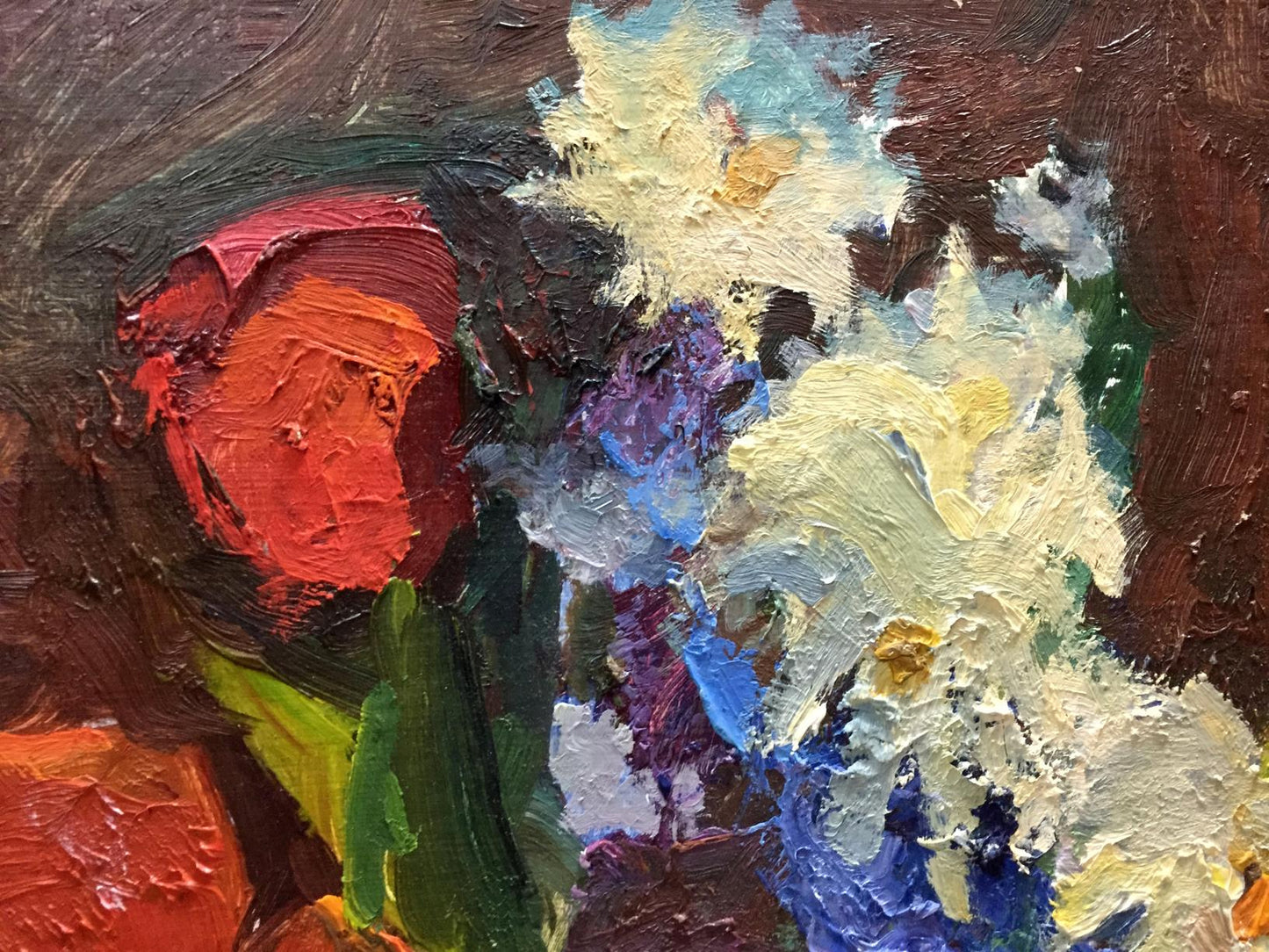 Vibrant impressionist oil painting by Gantman Moses Faybovich: bold red, white, purple flowers