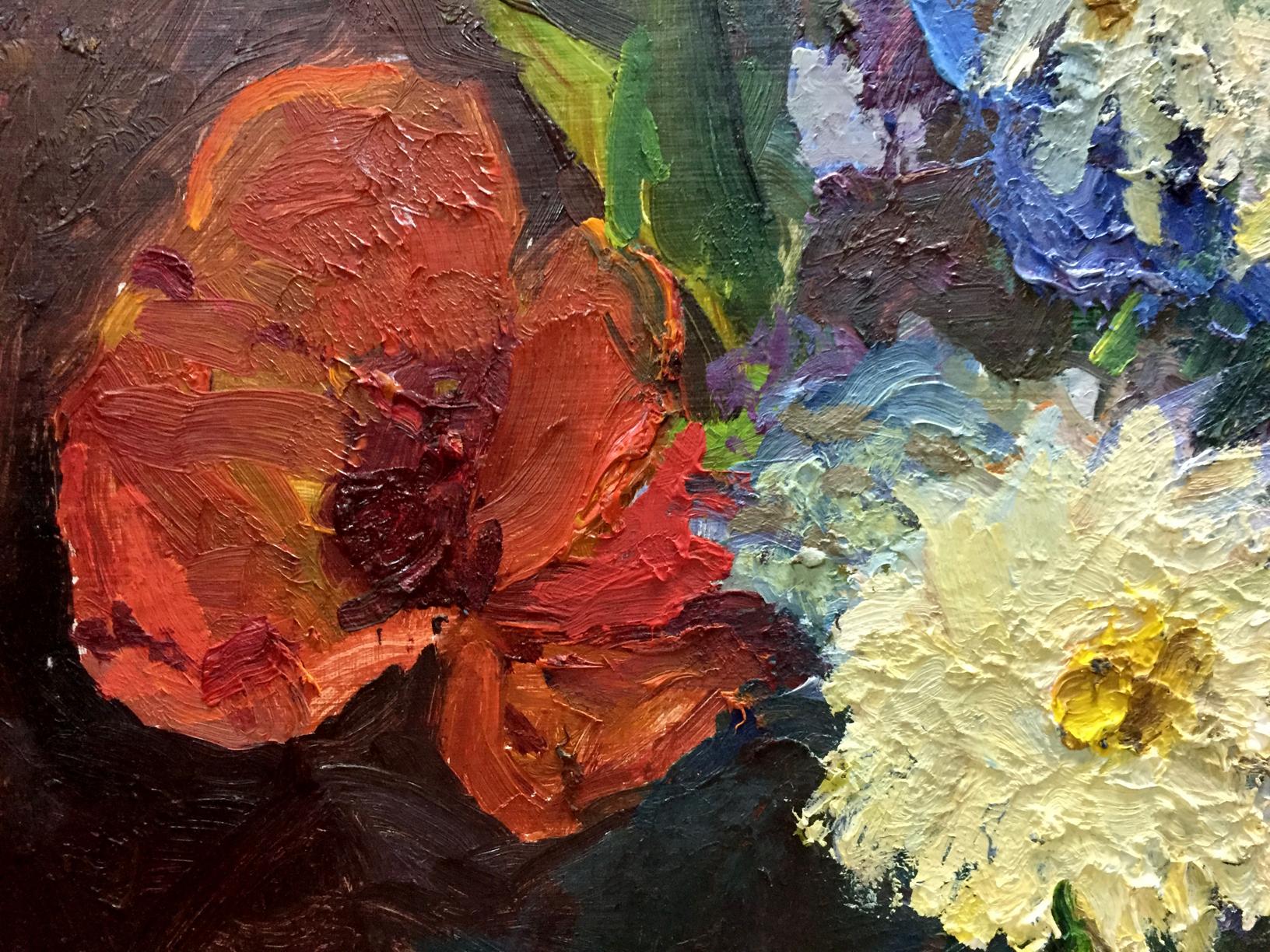 Vibrant orange poppy and white daisy oil painting by Gantman Moses Faybovich