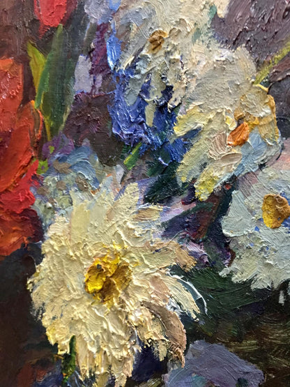 Vibrant oil painting of flowers by Gantman Moses Faybovich, impasto brushstrokes