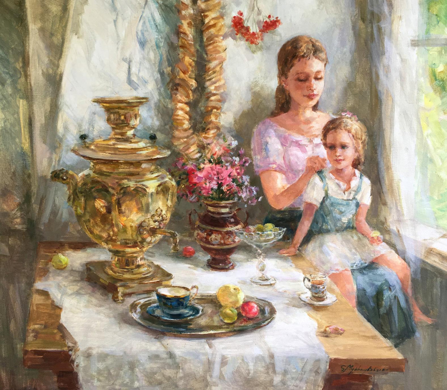 Golden ornate samovar in Oil painting Idylls Mikhaylichenko Sergey