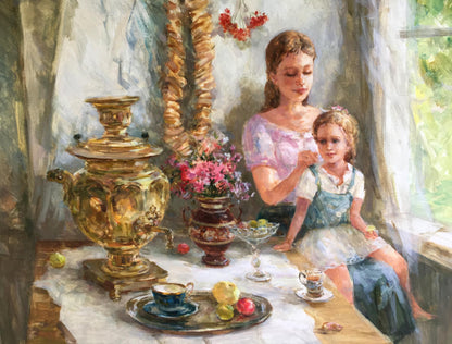 Golden ornate samovar in Mikhaylichenko Sergey Idylls oil painting