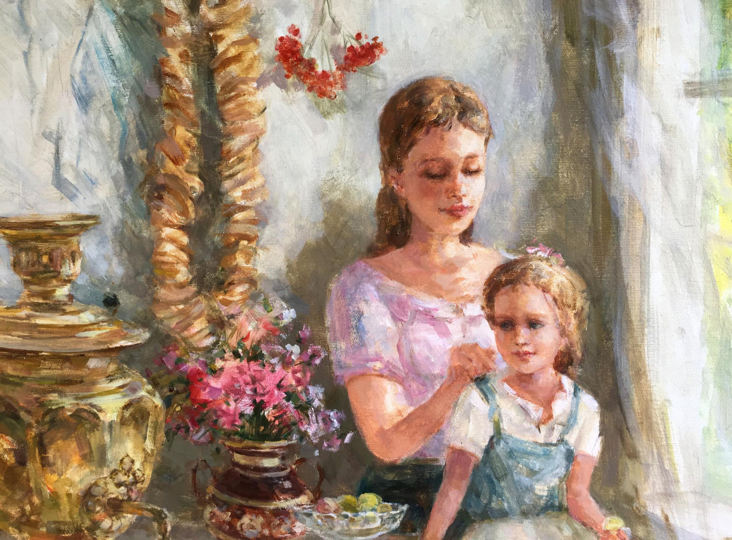 Golden ornate samovar in Idylls oil painting by Mikhaylichenko Sergey