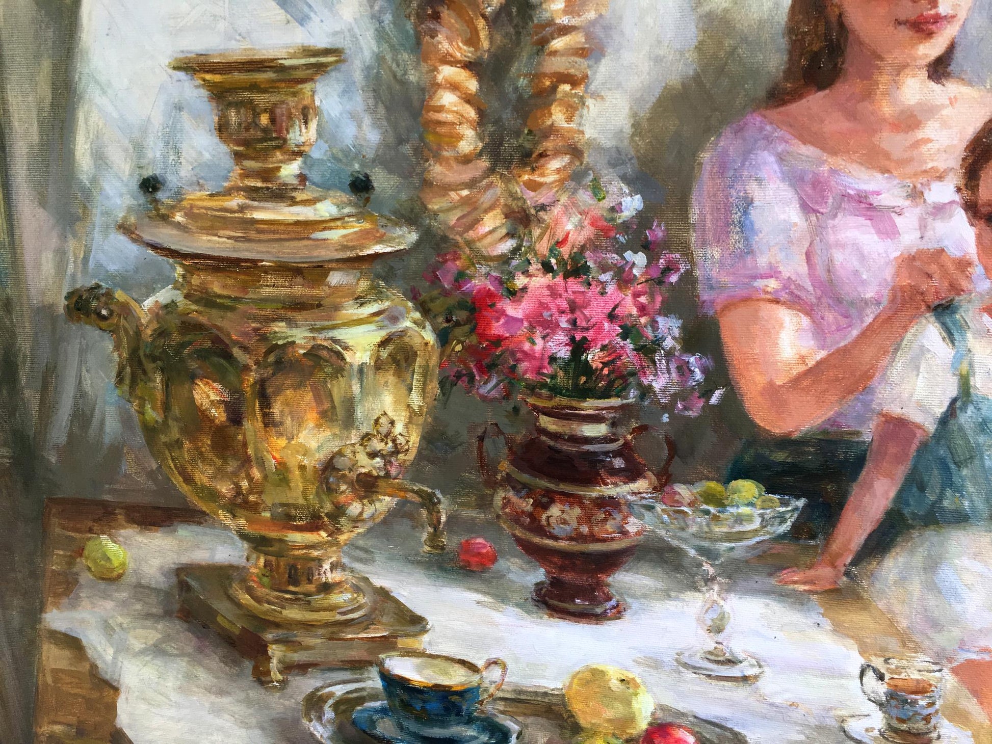 Oil painting Idylls by Mikhaylichenko Sergey: gleaming gold samovar on table