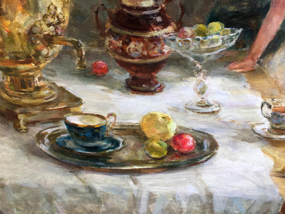 Blue ceramic teacup with gold rim on saucer in Oil painting Idylls Mikhaylichenko Sergey