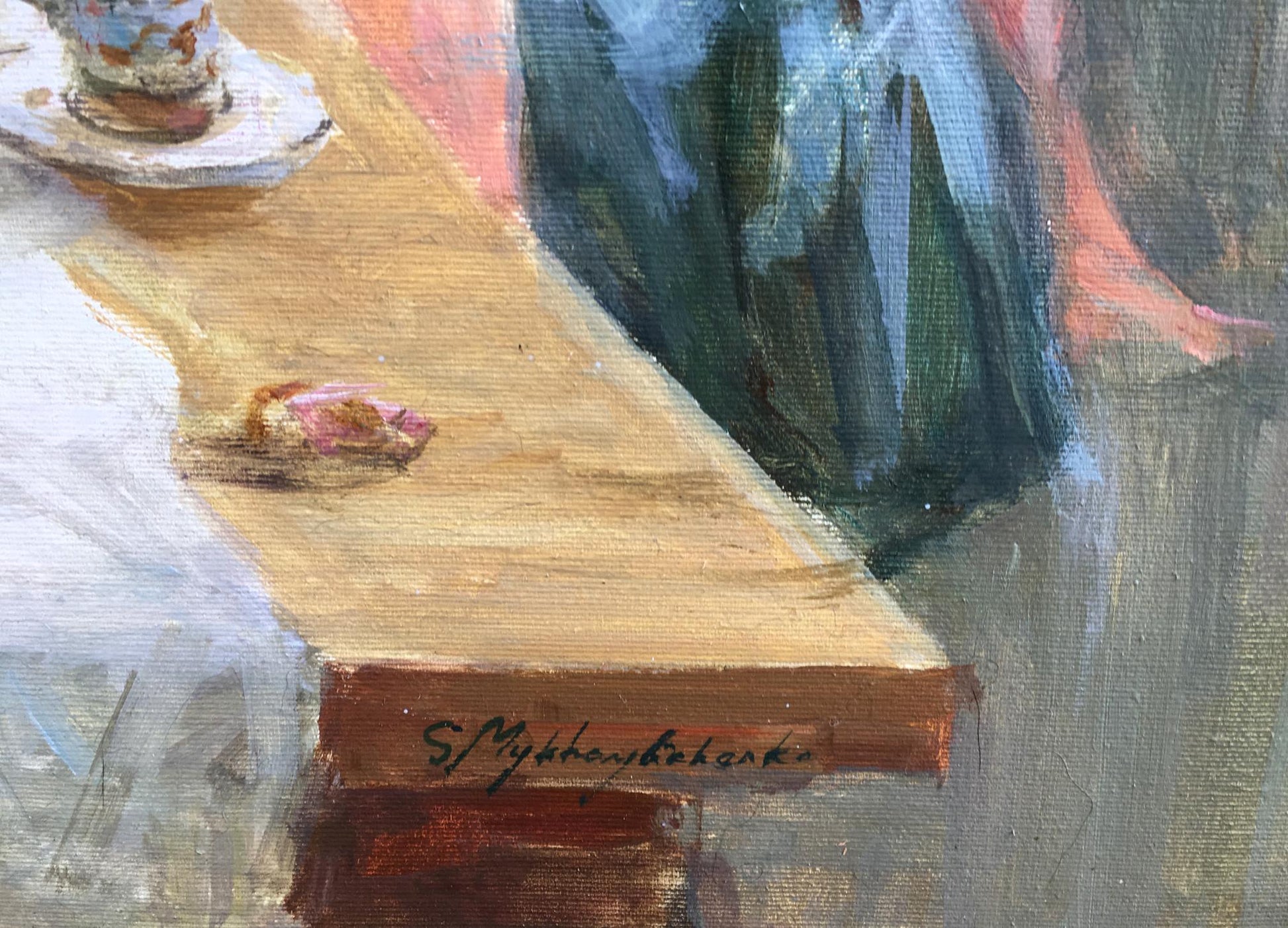 Back of Oil painting Idylls by Mikhaylichenko Sergey with signed wooden table leg
