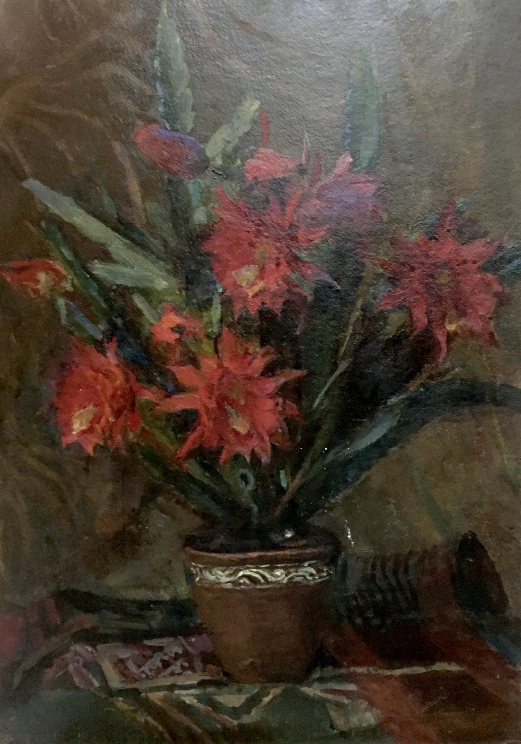 Oil painting of vibrant red cactus blooms by Stashkov Vyacheslav Kharlampievich
