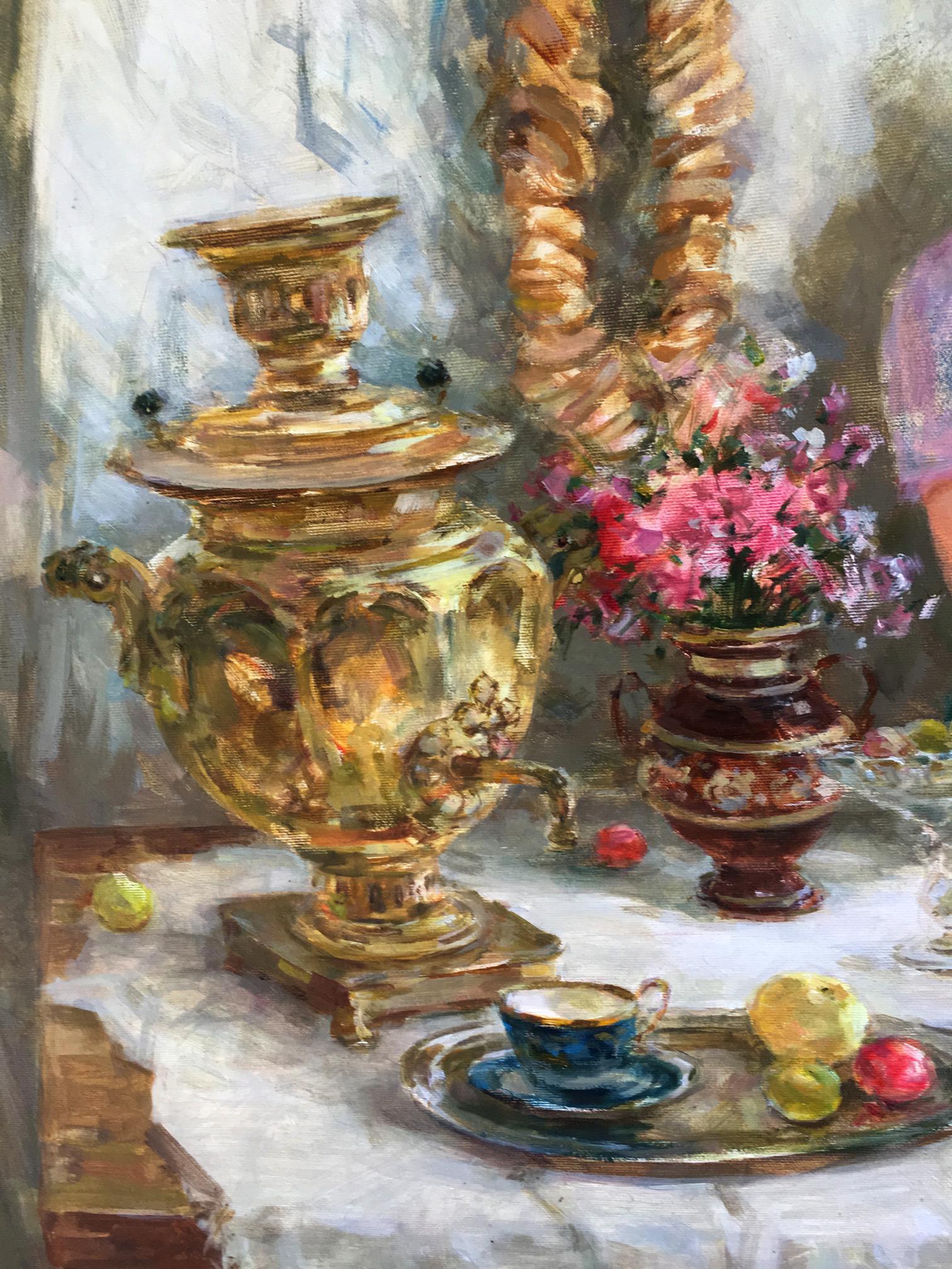 Golden ornate samovar in Oil painting Idylls by Mikhaylichenko Sergey