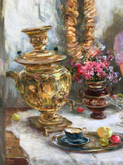 Golden ornate samovar in Oil painting Idylls by Mikhaylichenko Sergey
