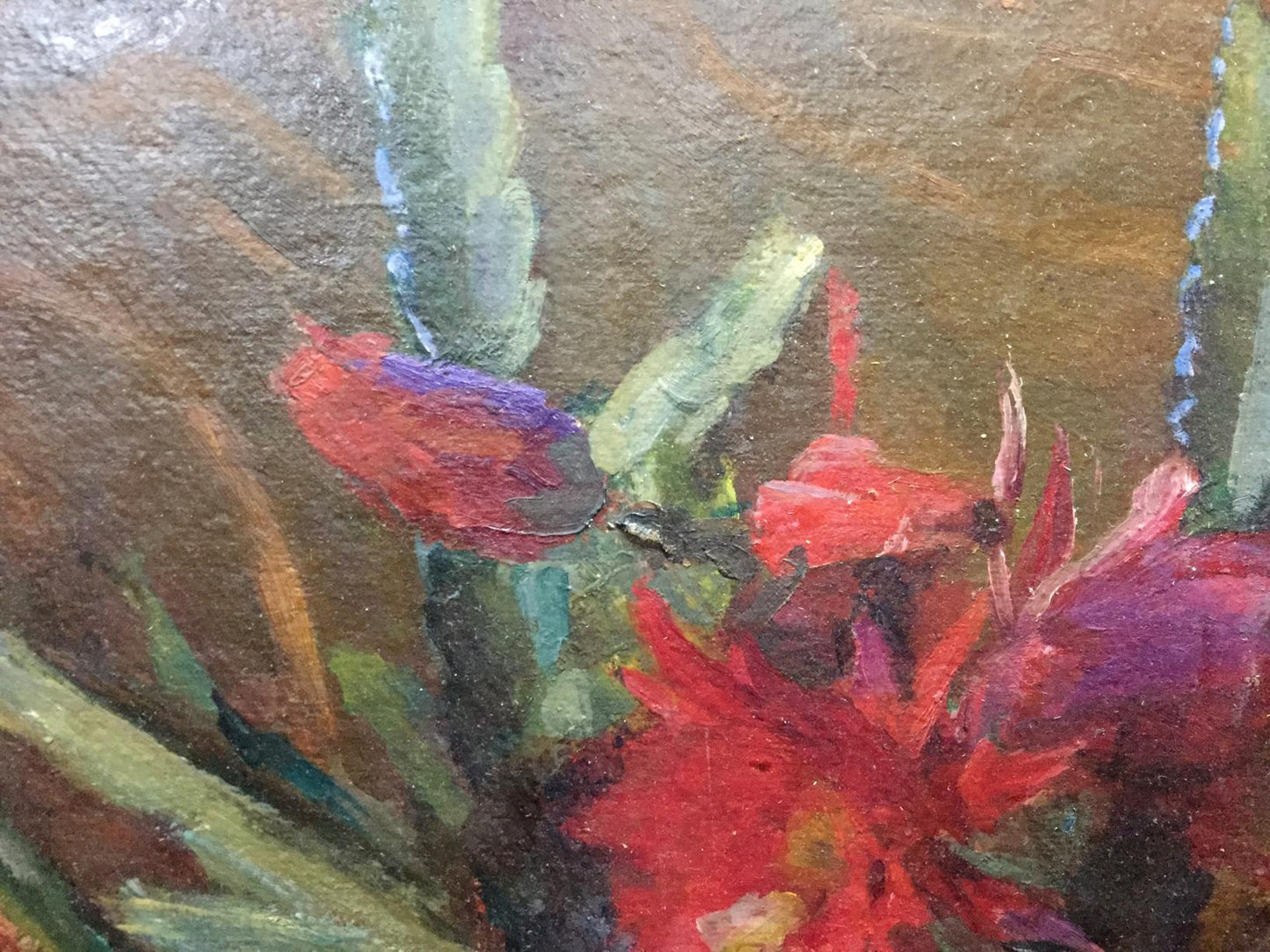 Oil painting of vibrant red purple cactus blooms by Stashkov Vyacheslav Kharlampievich
