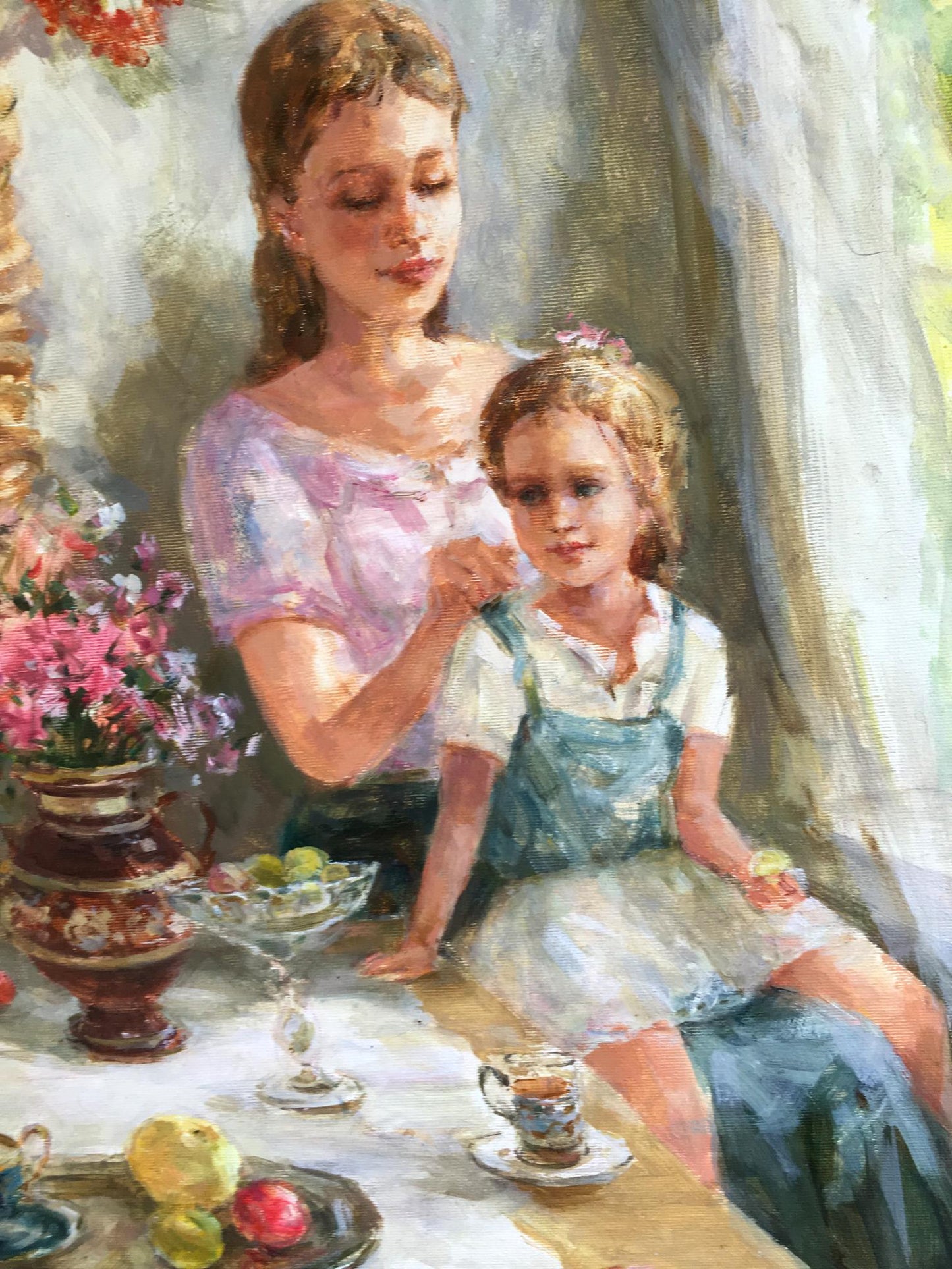Soft pink short-sleeved blouse with ruffles from Oil painting Idylls Mikhaylichenko Sergey