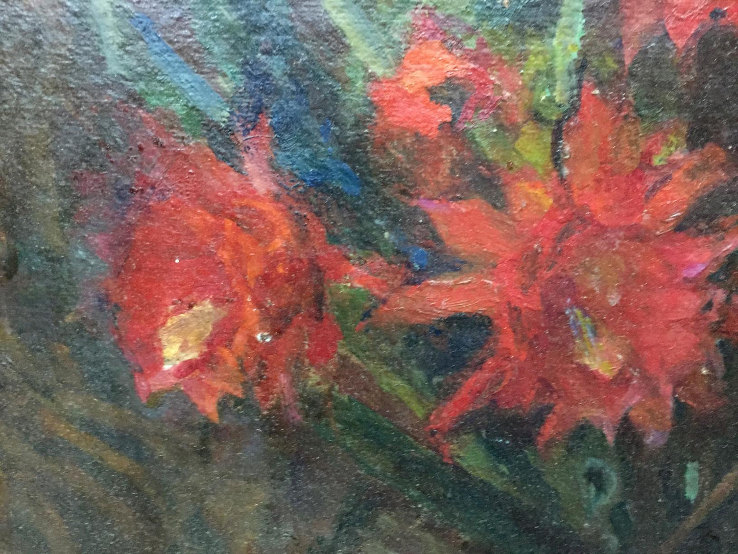 Oil painting of vibrant red cactus blooms by Stashkov Vyacheslav Kharlampievich