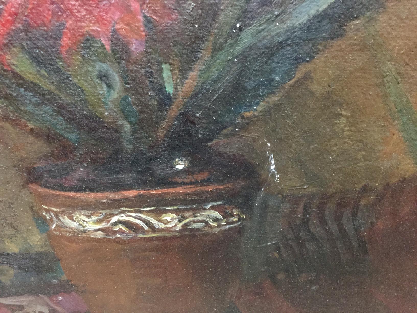 Oil painting of terracotta cactus pot with silver rim by Stashkov Vyacheslav Kharlampievich