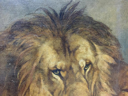 Oil painting portrait of male lion head with golden fur, dark mane, green eyes