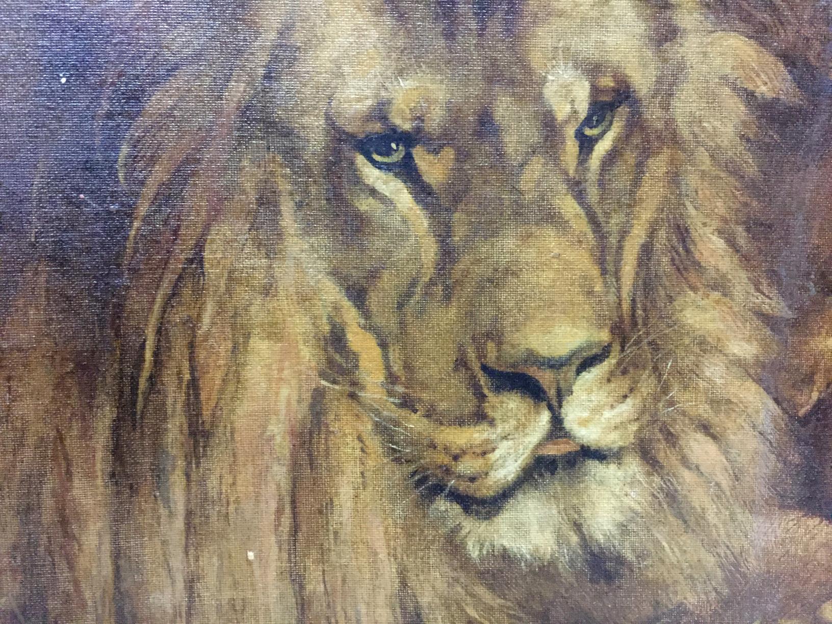 Oil painting portrait of male lion with golden-brown fur, green eyes, thick mane
