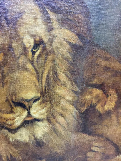 Oil painting portrait of male lion with golden-brown fur, green eyes, mane