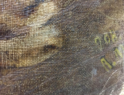 Back of oil painting portrait of a lion on worn textured canvas