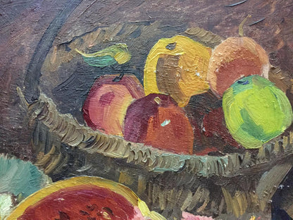 Oil painting Still life by Katz Adam Zakharovich: rustic basket of red, yellow, green apples