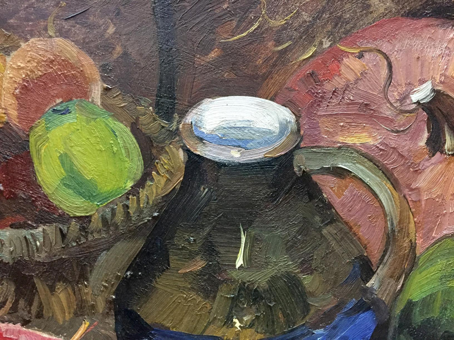 Dark green ceramic pitcher with silver rim in Katz Adam Zakharovich oil painting