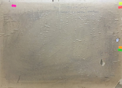 Back of Katz Adam Zakharovich oil painting still life with weathered beige surface, faint markings and colorful sticky notes