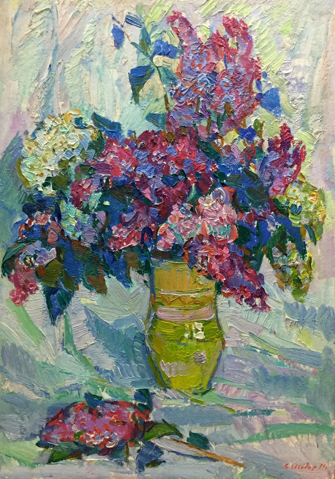 Oil painting of lilacs in green vase by Vasily Chegodar