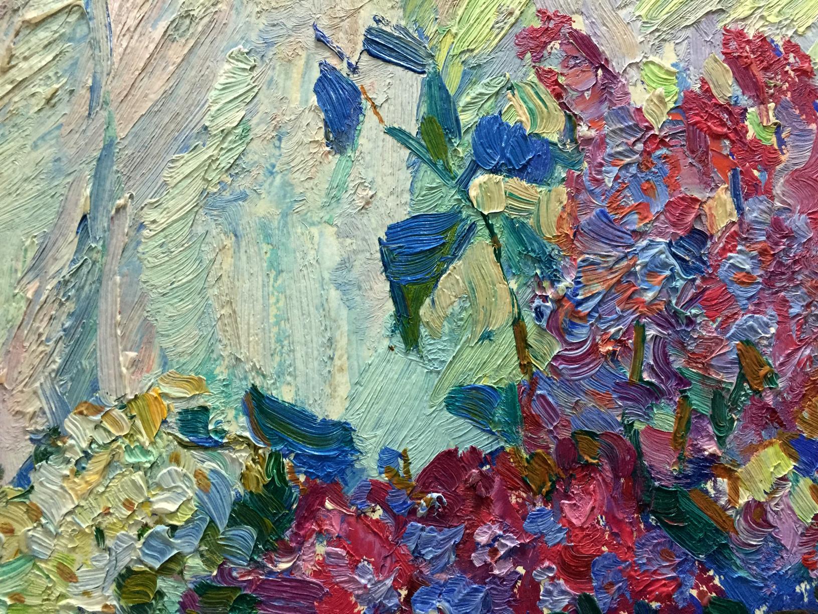 Vibrant oil painting Flowers Vasily Chegodar with bold blue red impasto flowers