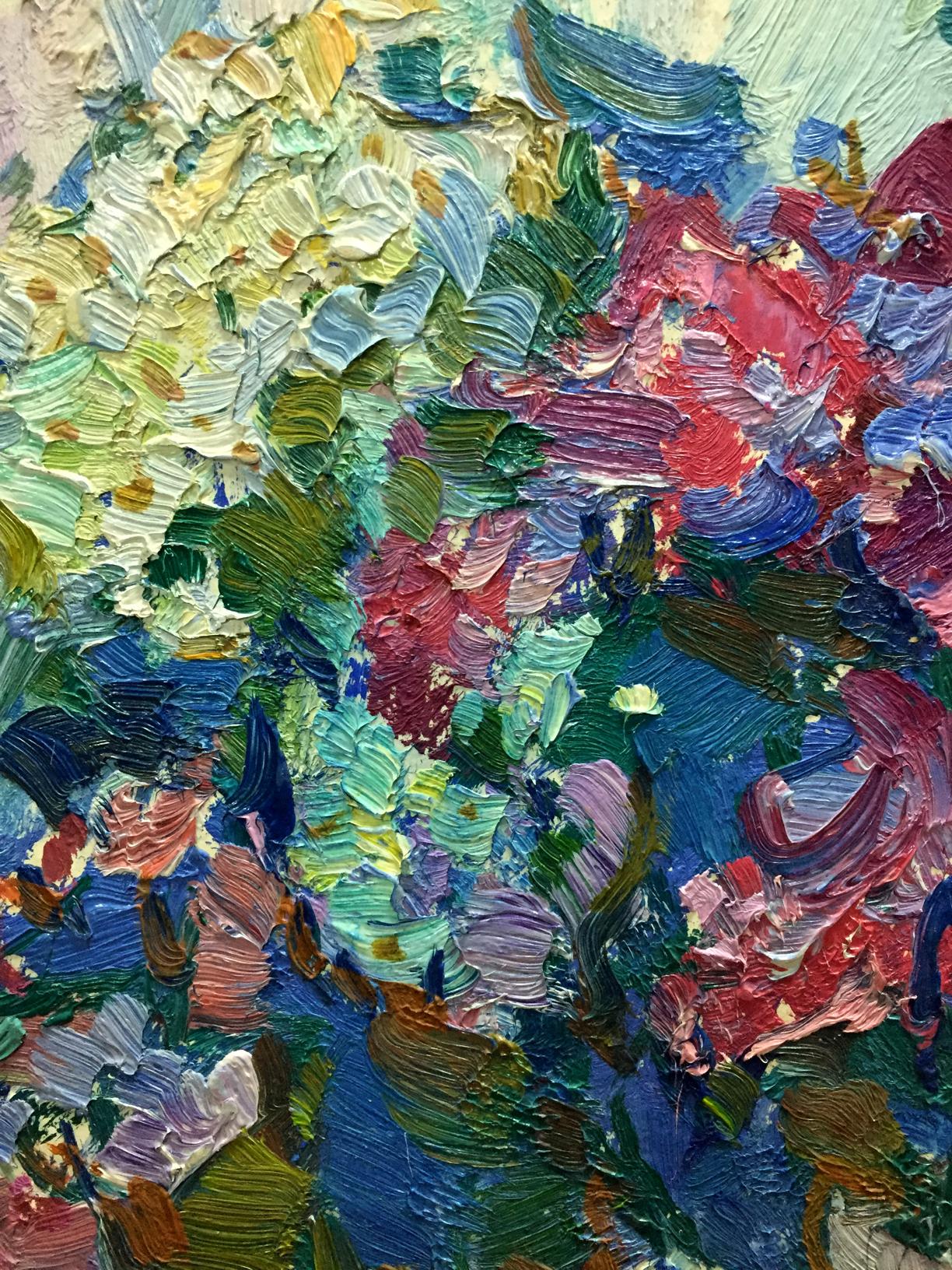 Oil painting Flowers Vasily Chegodar vibrant textured abstract with bold green blue red yellow strokes