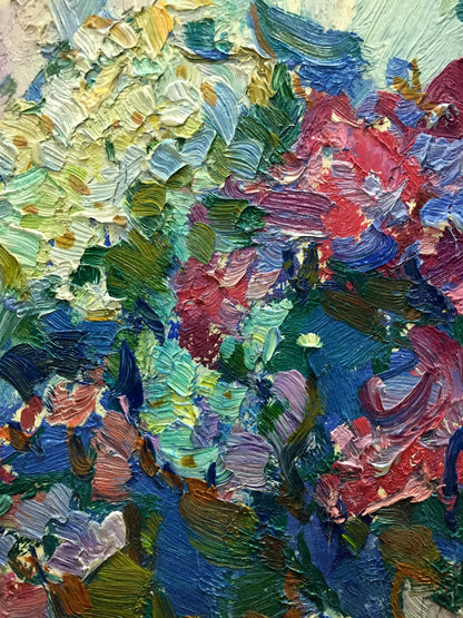 Oil painting Flowers Vasily Chegodar vibrant textured abstract with bold green blue red yellow strokes