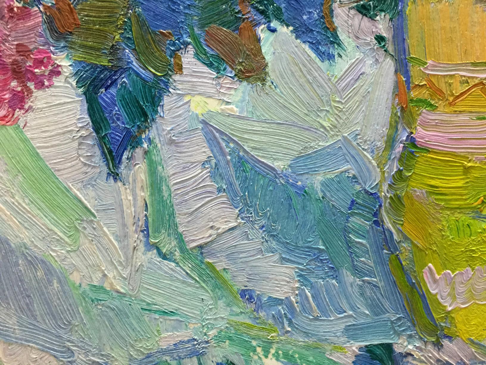 Vibrant oil painting Flowers by Vasily Chegodar with bold blue green strokes