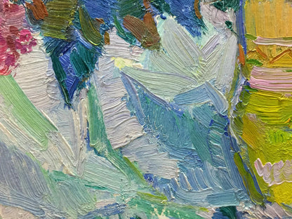Vibrant oil painting Flowers by Vasily Chegodar with bold blue green strokes