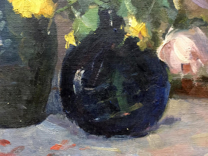 Oil painting Still life Leonid Alexandrovich Tishkov with dark ceramic vase and yellow green flowers