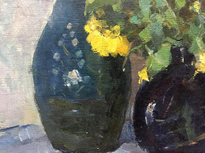Oil painting Still life by Leonid Alexandrovich Tishkov with blue vase and yellow flowers