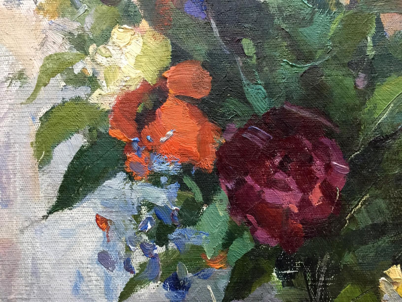 Oil painting Still life by Leonid Alexandrovich Tishkov with vibrant orange and burgundy flowers