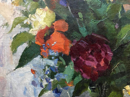 Oil painting Still life by Leonid Alexandrovich Tishkov with vibrant orange and burgundy flowers